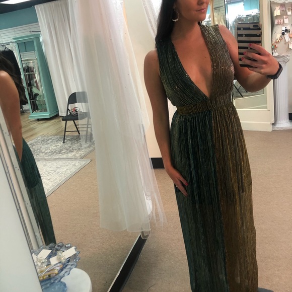 Metallic Turquoise and Gold Plunging Neckline Gown - Picture 2 of 8